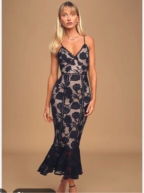 Lulu's Navy Alluring Dream Floral Lace Midi Dress with Nude Lining